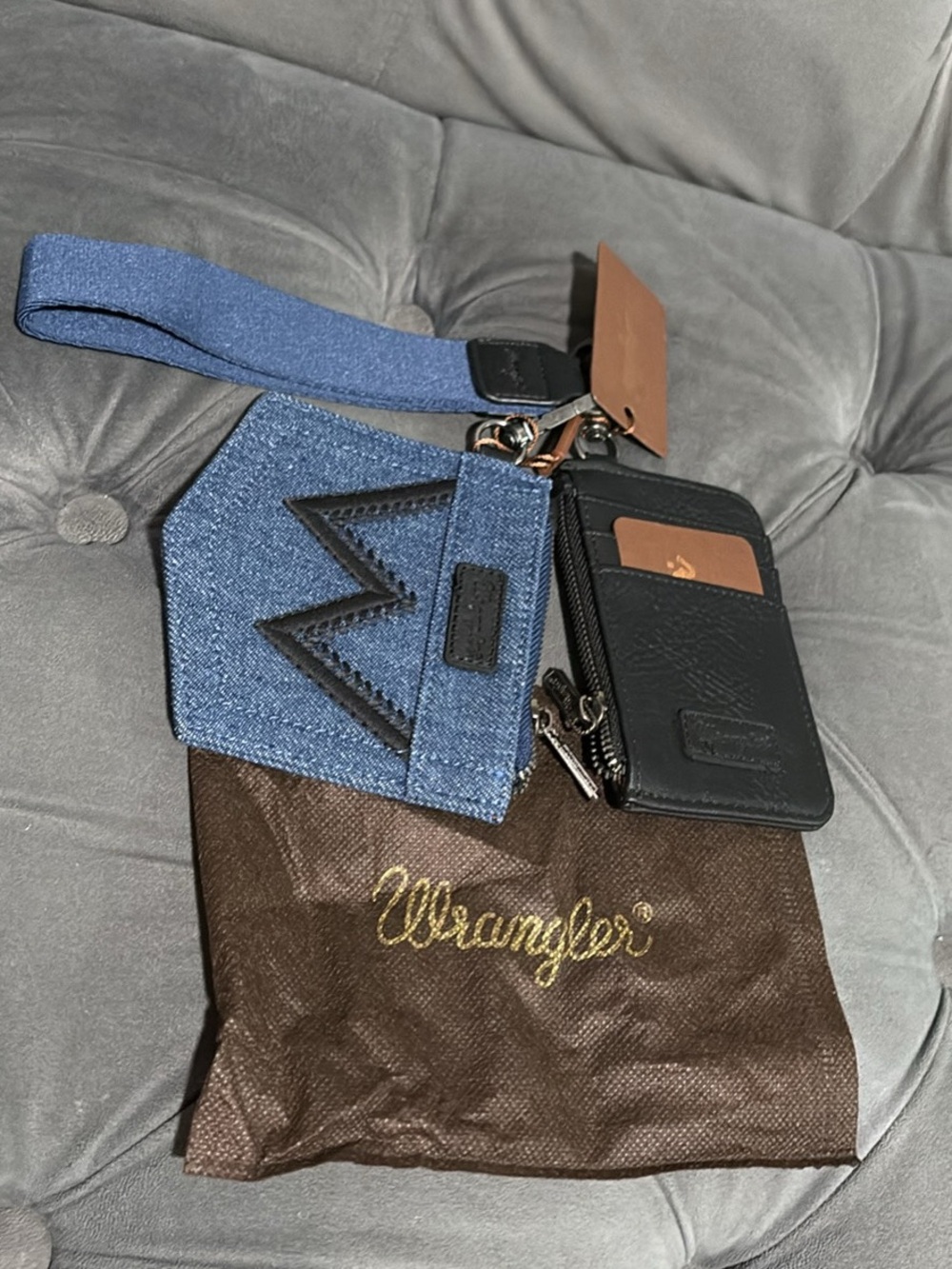 Wrangler Blue Denim Wristlet with Black Card Case and Brown Accent